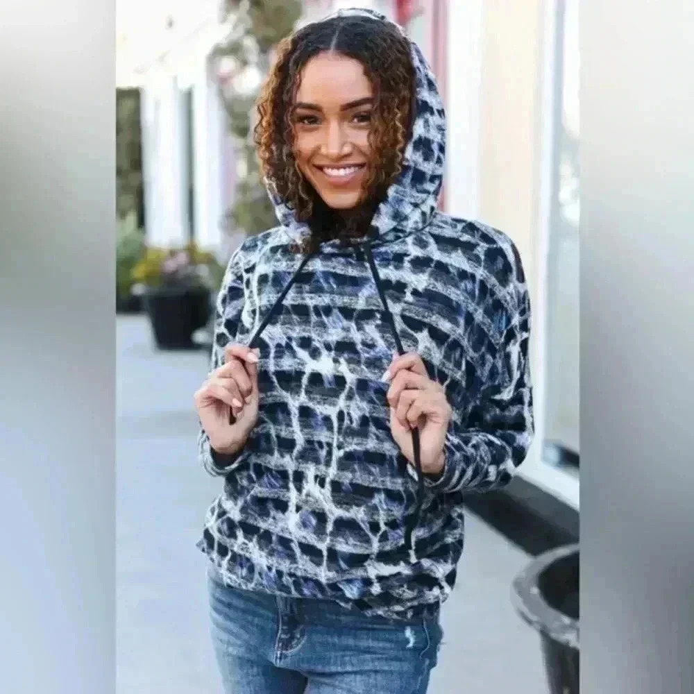 Casual Chic Blue & Black Animal Print Stripe Hoodie